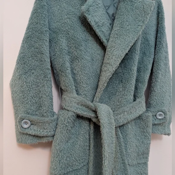 Turquoise Green Longline Robe Teddy Coat With Faux Fur Trim Size S Mermaidcore - Picture 7 of 16